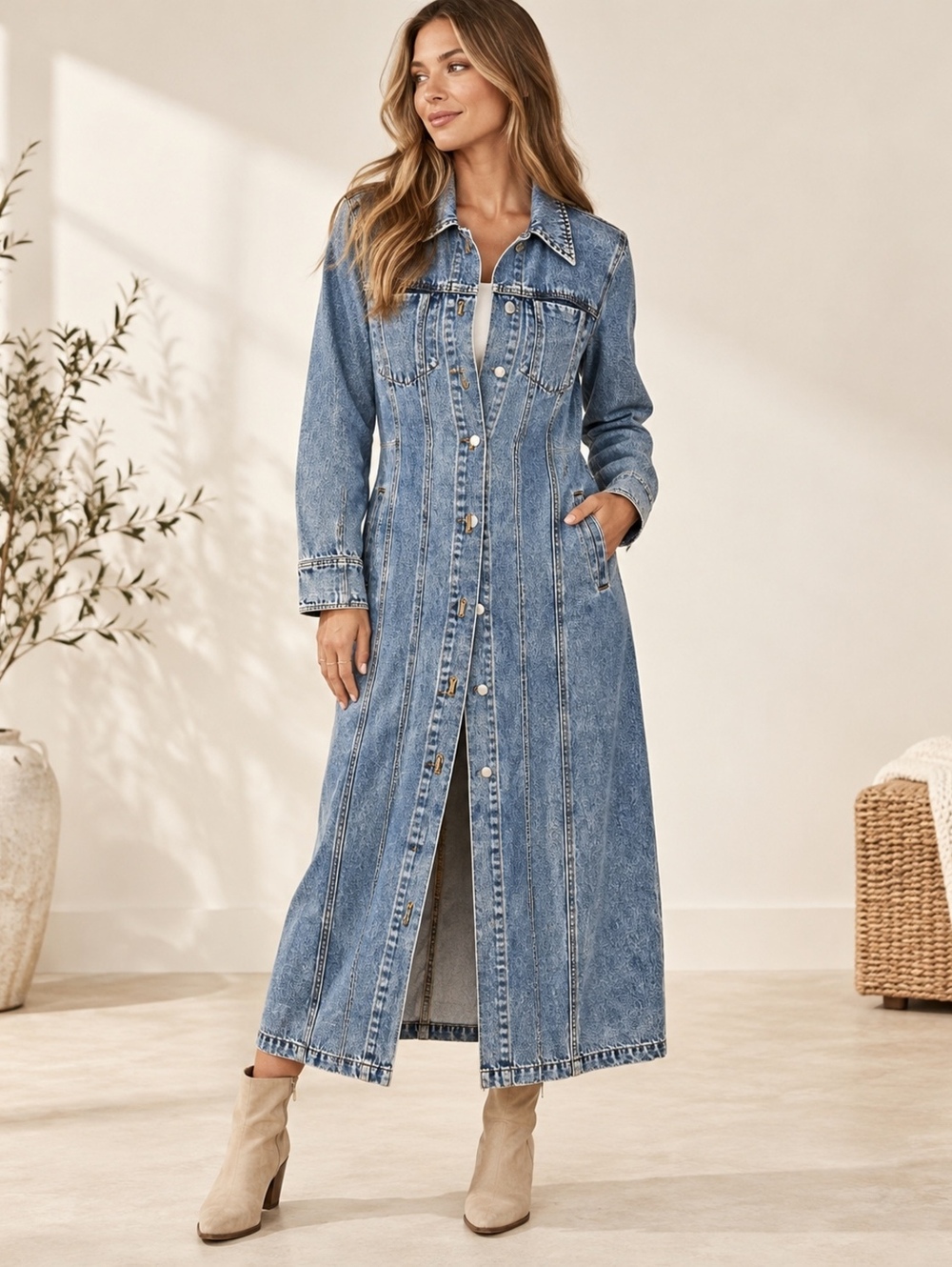 Avec Les Filles long denim trench button-front jacket with front flap pockets M